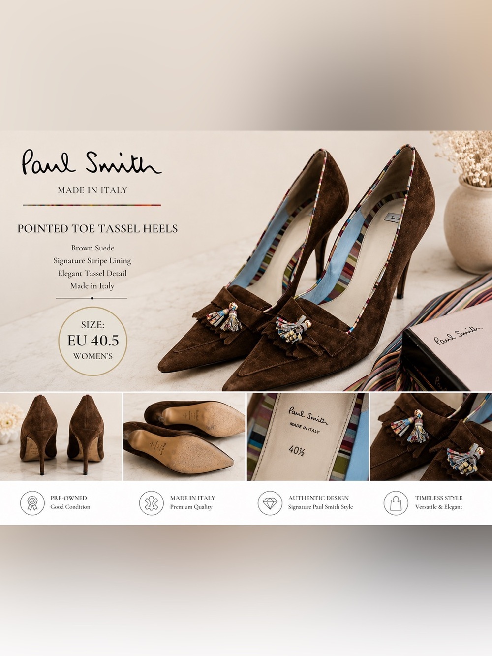 Paul Smith Italy Brown Suede Tassel Heels Sz 40.5 Pointed Toe Retail $700-$900